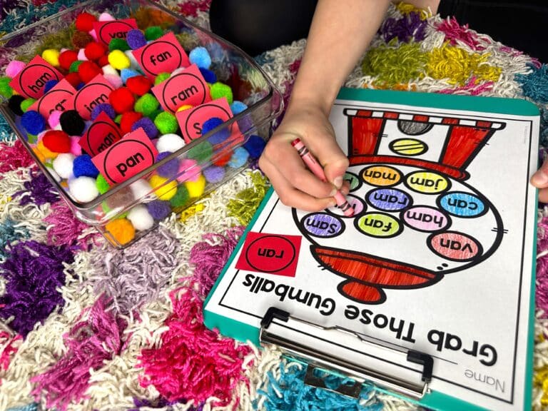 gumball words sensory center hands-on phonics game