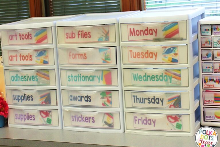 using drawers to organize teacher supplies in first grade classroom with flexible seating